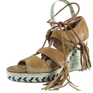 H&M‎ Lace-Up Wedge Sandals Women's 8.5 Brown Faux Suede Espadrille Heels Tassel